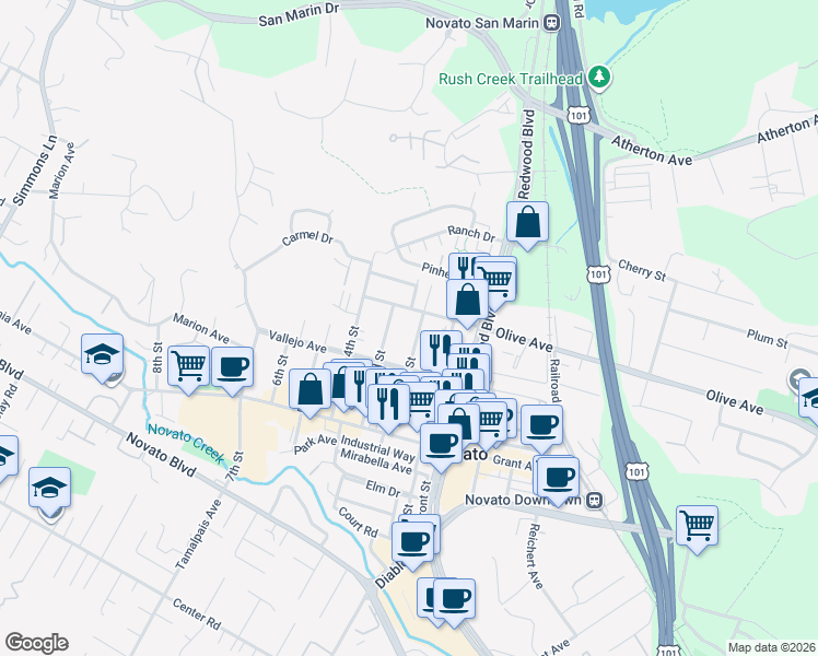 map of restaurants, bars, coffee shops, grocery stores, and more near 1124 Olive Avenue in Novato