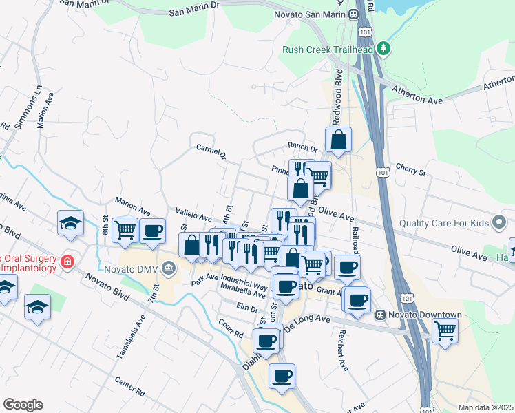 map of restaurants, bars, coffee shops, grocery stores, and more near 1301 Olive Avenue in Novato