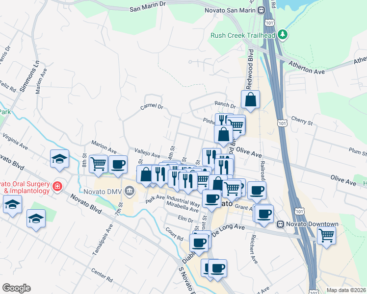 map of restaurants, bars, coffee shops, grocery stores, and more near 1301 Olive Avenue in Novato