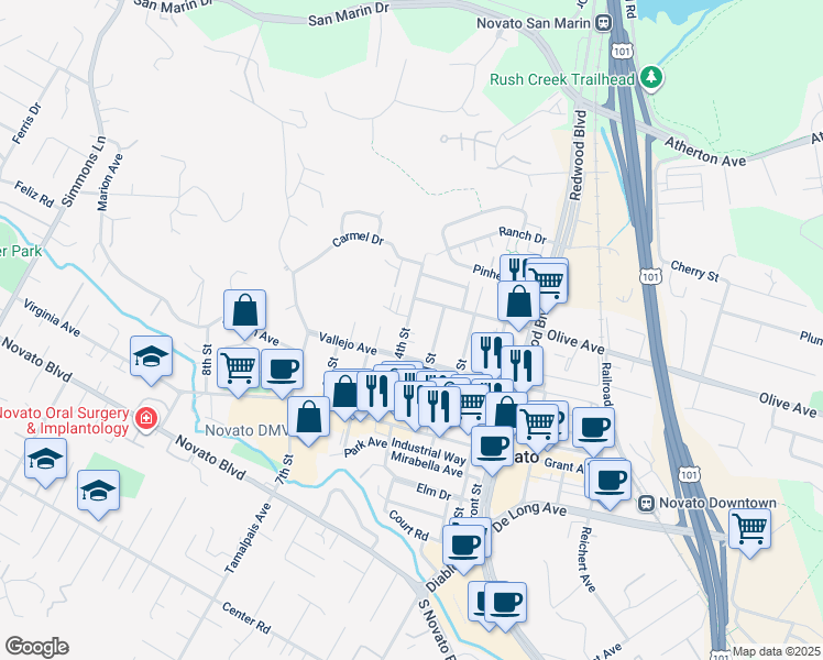 map of restaurants, bars, coffee shops, grocery stores, and more near 1135 4th Street in Novato