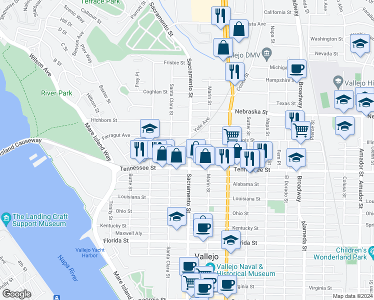 map of restaurants, bars, coffee shops, grocery stores, and more near 1509 Sacramento Street in Vallejo