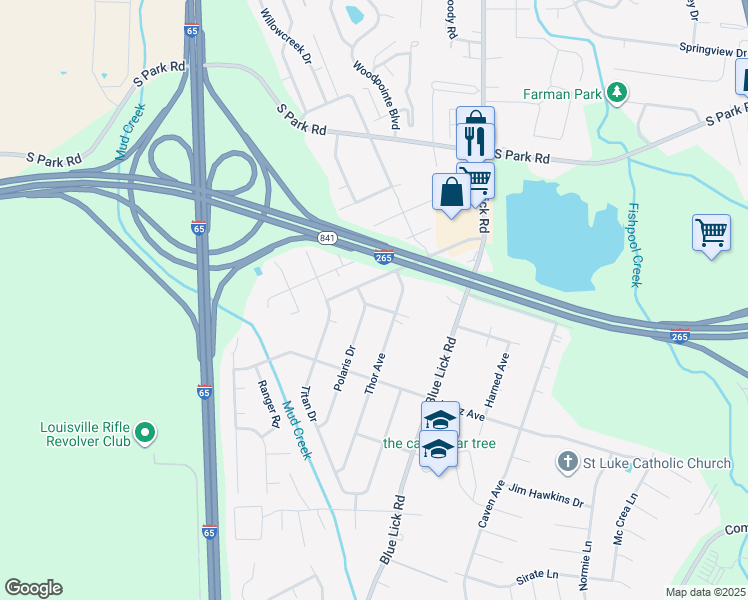 map of restaurants, bars, coffee shops, grocery stores, and more near 3709 Astrocraft Drive in Louisville