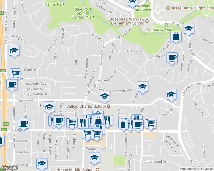 map of restaurants, bars, coffee shops, grocery stores, and more near 36 Parkhaven Court in Vallejo