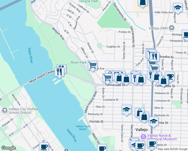 map of restaurants, bars, coffee shops, grocery stores, and more near 45 Wilson Avenue in Vallejo