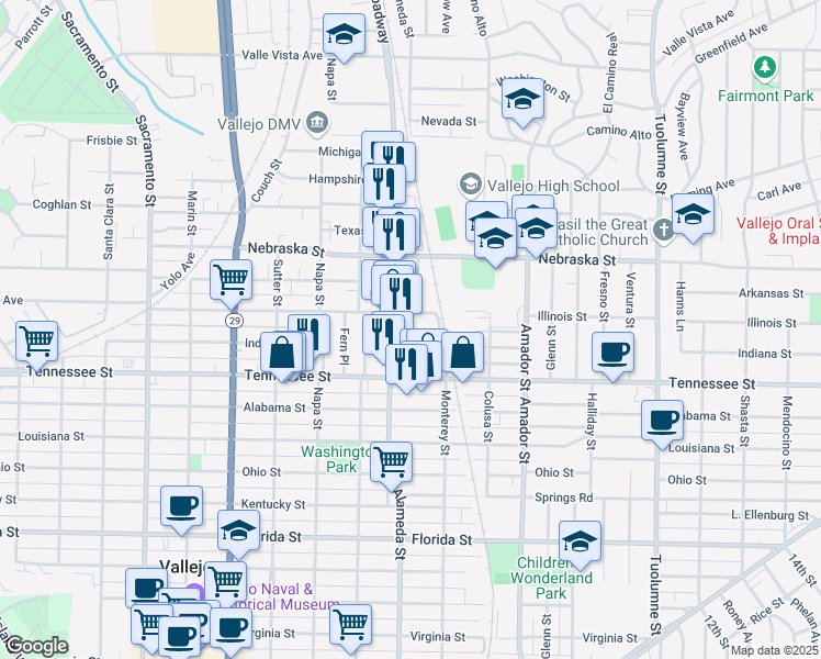 map of restaurants, bars, coffee shops, grocery stores, and more near 116 Byron Street in Vallejo