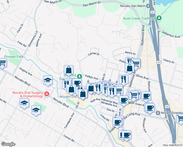 map of restaurants, bars, coffee shops, grocery stores, and more near 44 Jade Court in Novato