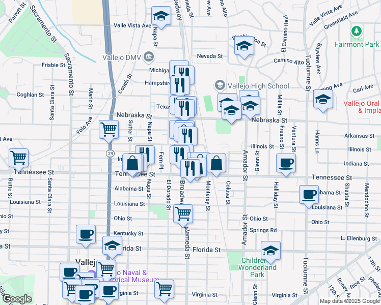 map of restaurants, bars, coffee shops, grocery stores, and more near 112 Byron Street in Vallejo
