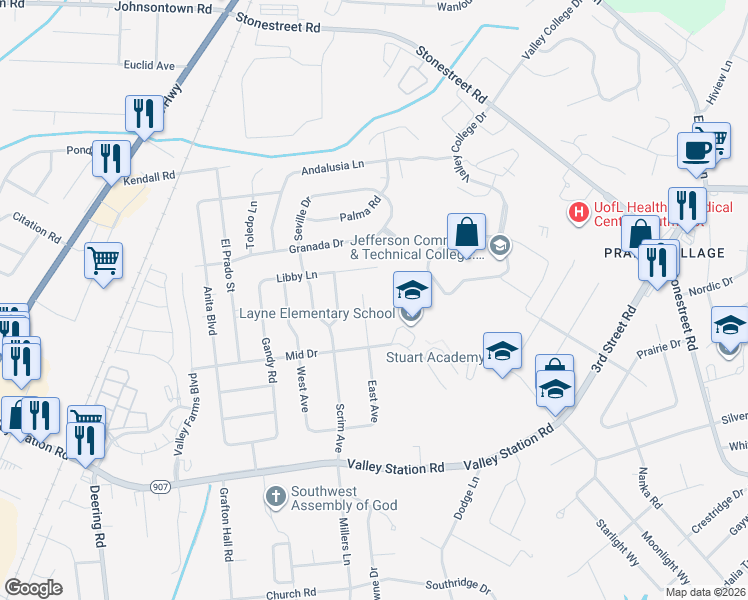 map of restaurants, bars, coffee shops, grocery stores, and more near 9801 East Avenue in Louisville