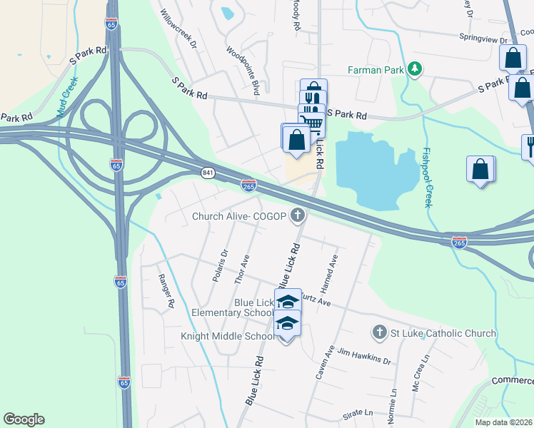 map of restaurants, bars, coffee shops, grocery stores, and more near 9403 Thor Avenue in Louisville