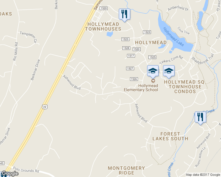 map of restaurants, bars, coffee shops, grocery stores, and more near 1500 Cherry Bark Lane in Charlottesville