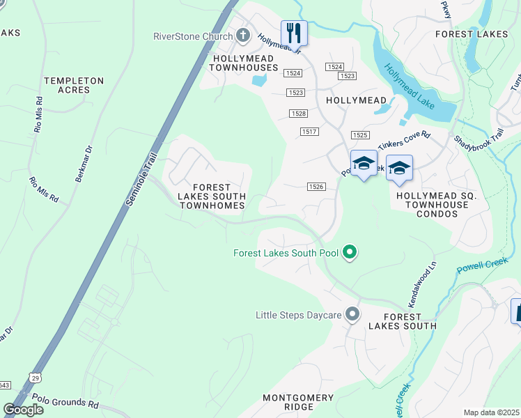 map of restaurants, bars, coffee shops, grocery stores, and more near 1500 Cherry Bark Lane in Charlottesville