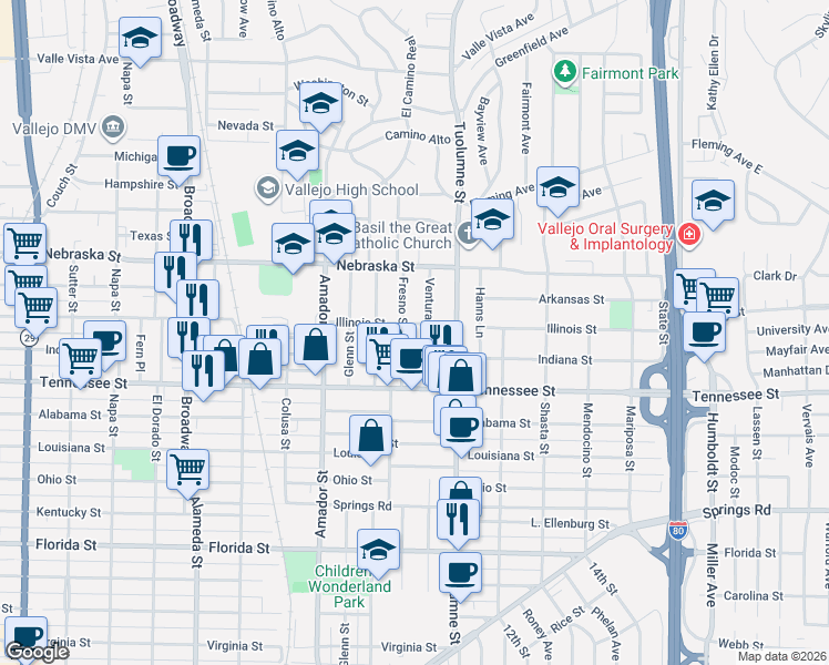 map of restaurants, bars, coffee shops, grocery stores, and more near 1540 Illinois Street in Vallejo