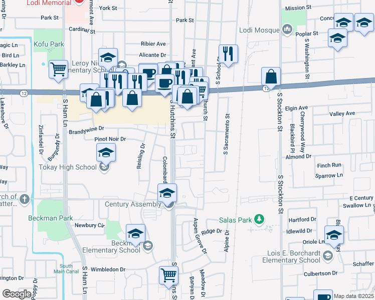 map of restaurants, bars, coffee shops, grocery stores, and more near 400 Mendocino Drive in Lodi
