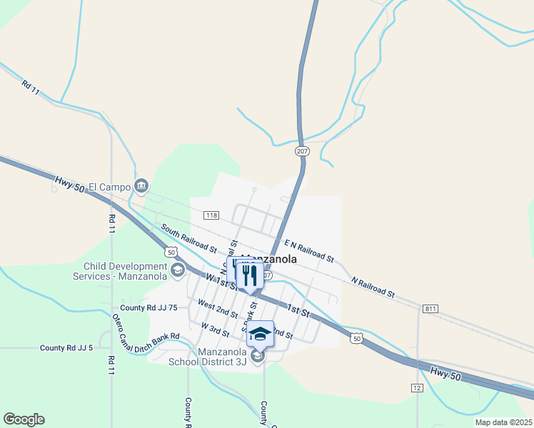 map of restaurants, bars, coffee shops, grocery stores, and more near 501 Grand Avenue in Manzanola
