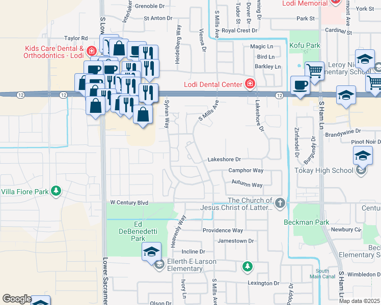 map of restaurants, bars, coffee shops, grocery stores, and more near 1701 South Mills Avenue in Lodi