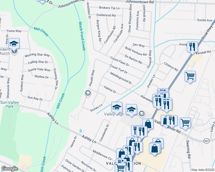 map of restaurants, bars, coffee shops, grocery stores, and more near 6012 Alanadale Drive in Louisville