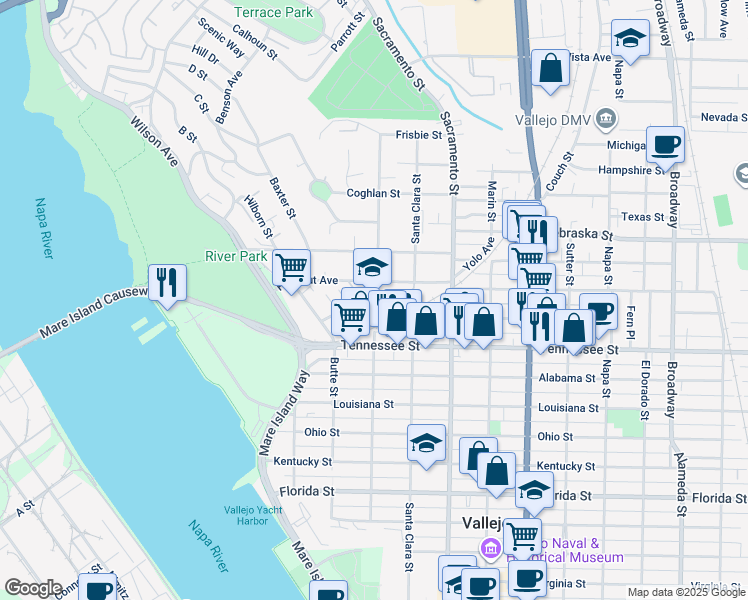 map of restaurants, bars, coffee shops, grocery stores, and more near 301 Farragut Avenue in Vallejo