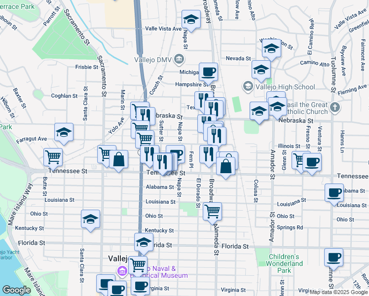 map of restaurants, bars, coffee shops, grocery stores, and more near 444 Illinois Street in Vallejo