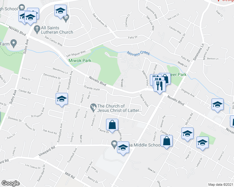 map of restaurants, bars, coffee shops, grocery stores, and more near 78 Grande Vista in Novato