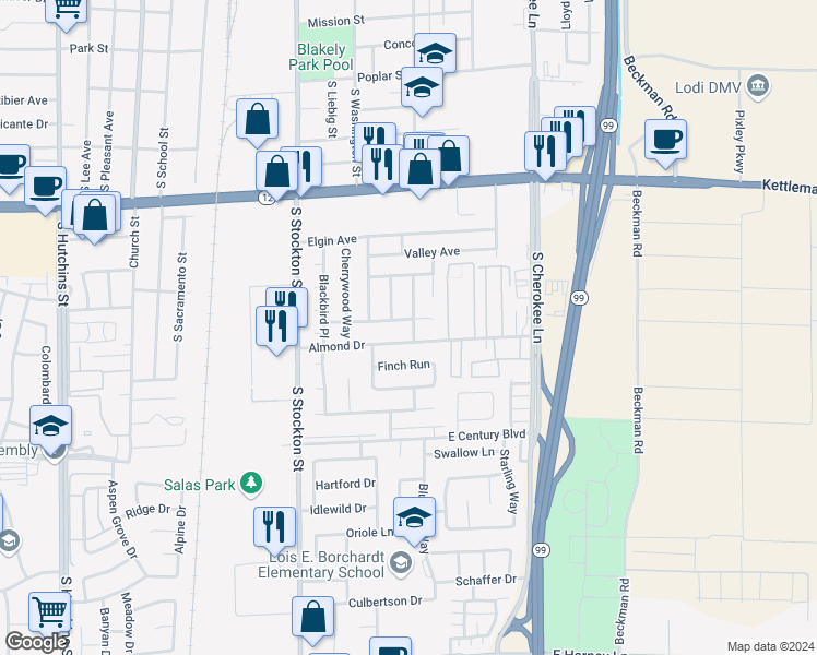 map of restaurants, bars, coffee shops, grocery stores, and more near 1639 Foxborough Way in Lodi