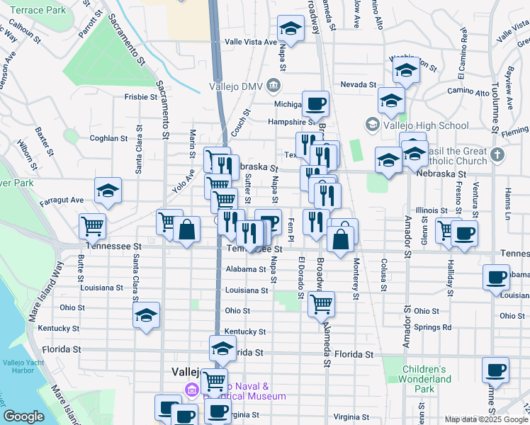 map of restaurants, bars, coffee shops, grocery stores, and more near 444 Illinois Street in Vallejo