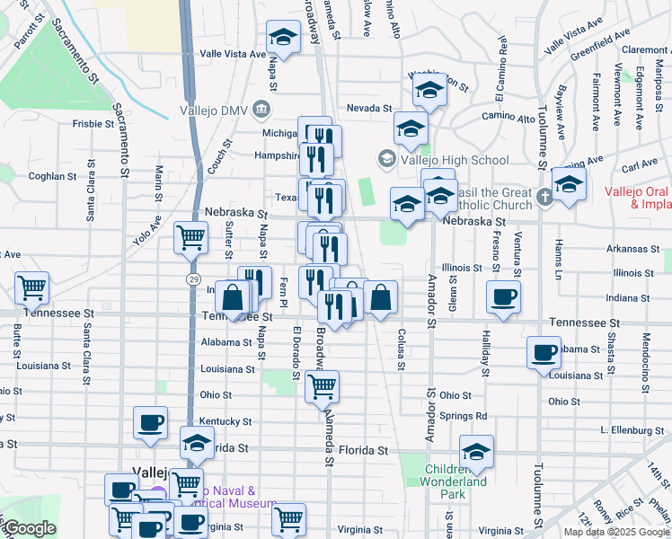 map of restaurants, bars, coffee shops, grocery stores, and more near 711 Illinois Street in Vallejo