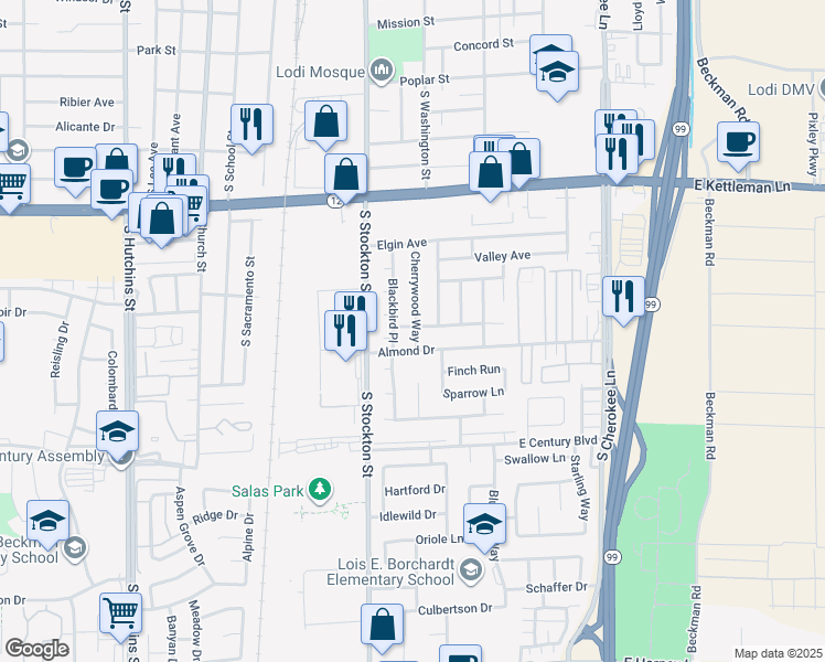 map of restaurants, bars, coffee shops, grocery stores, and more near 1652 Cherrywood Way in Lodi