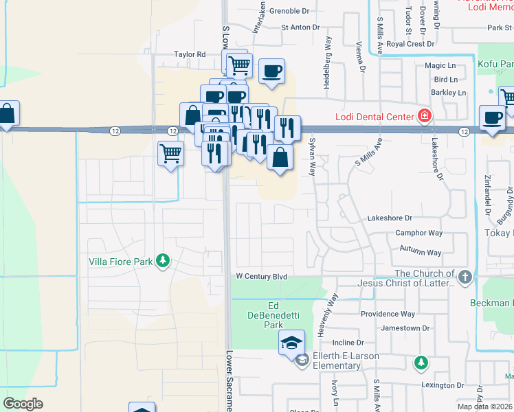 map of restaurants, bars, coffee shops, grocery stores, and more near 1642 Lower Sacramento Road in Lodi