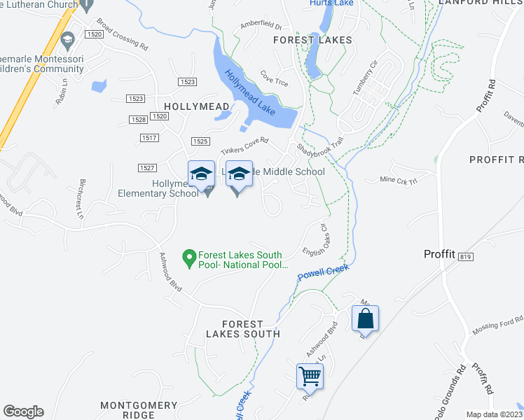 map of restaurants, bars, coffee shops, grocery stores, and more near 2732 Gatewood Circle in Charlottesville