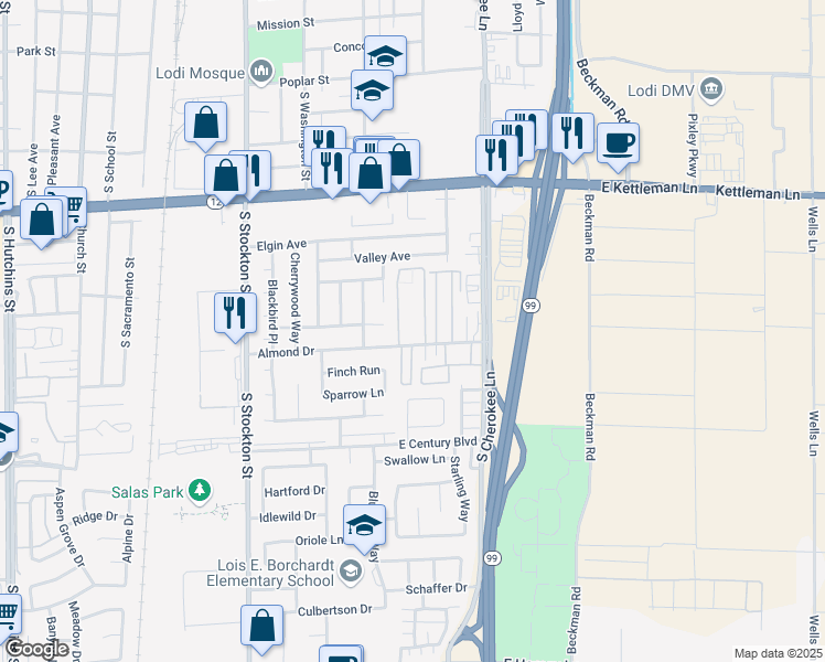 map of restaurants, bars, coffee shops, grocery stores, and more near 445 Almond Drive in Lodi