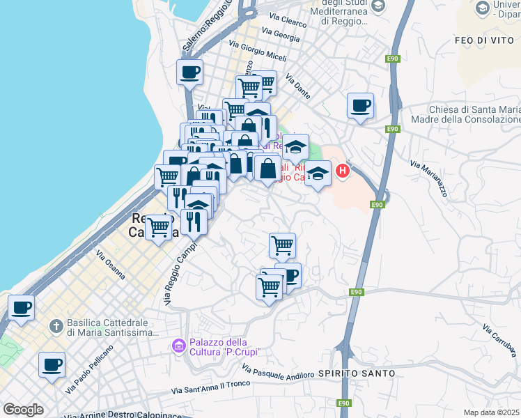 map of restaurants, bars, coffee shops, grocery stores, and more near 84 Via Dalmazia in Reggio Calabria