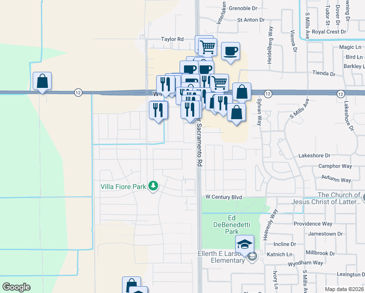 map of restaurants, bars, coffee shops, grocery stores, and more near 2511 Mayfair Court in Lodi