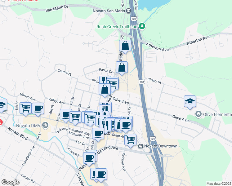 map of restaurants, bars, coffee shops, grocery stores, and more near 7514 Redwood Boulevard in Novato