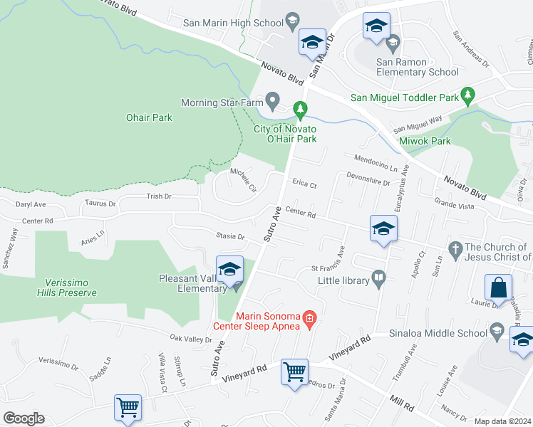 map of restaurants, bars, coffee shops, grocery stores, and more near 2409 Center Road in Novato