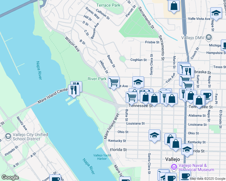 map of restaurants, bars, coffee shops, grocery stores, and more near 63 Old Wilson Avenue in Vallejo