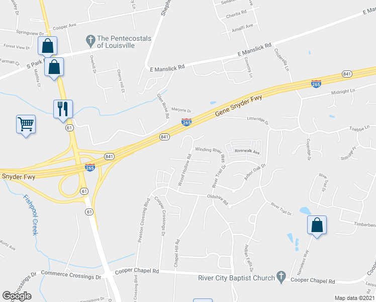 map of restaurants, bars, coffee shops, grocery stores, and more near 9408 Wood Hollow Road in Louisville