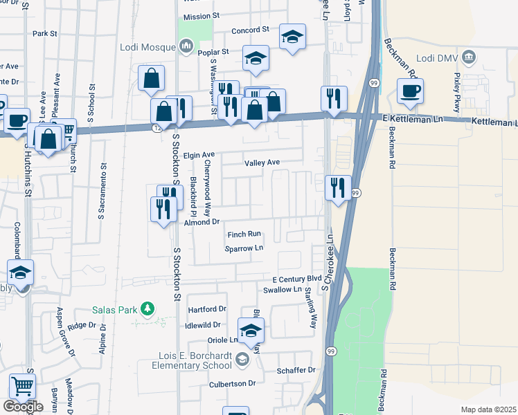 map of restaurants, bars, coffee shops, grocery stores, and more near 410 Ravenwood Way in Lodi