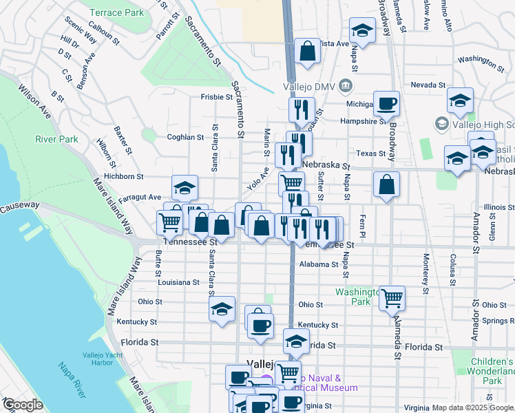 map of restaurants, bars, coffee shops, grocery stores, and more near 125 Illinois Street in Vallejo