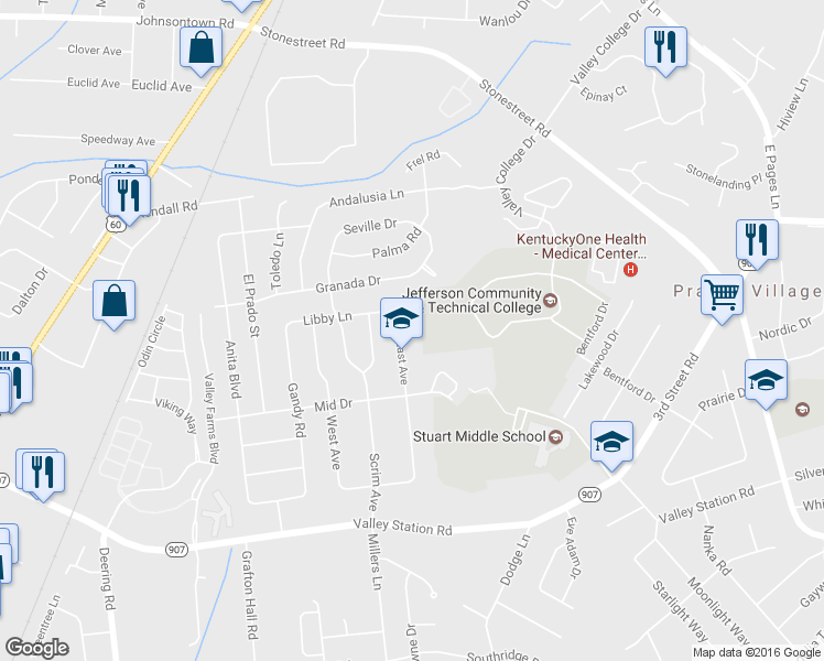 map of restaurants, bars, coffee shops, grocery stores, and more near 9801 East Ave in Louisville