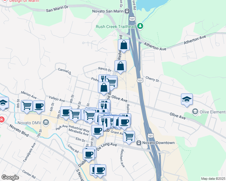 map of restaurants, bars, coffee shops, grocery stores, and more near 7514 Redwood Boulevard in Novato
