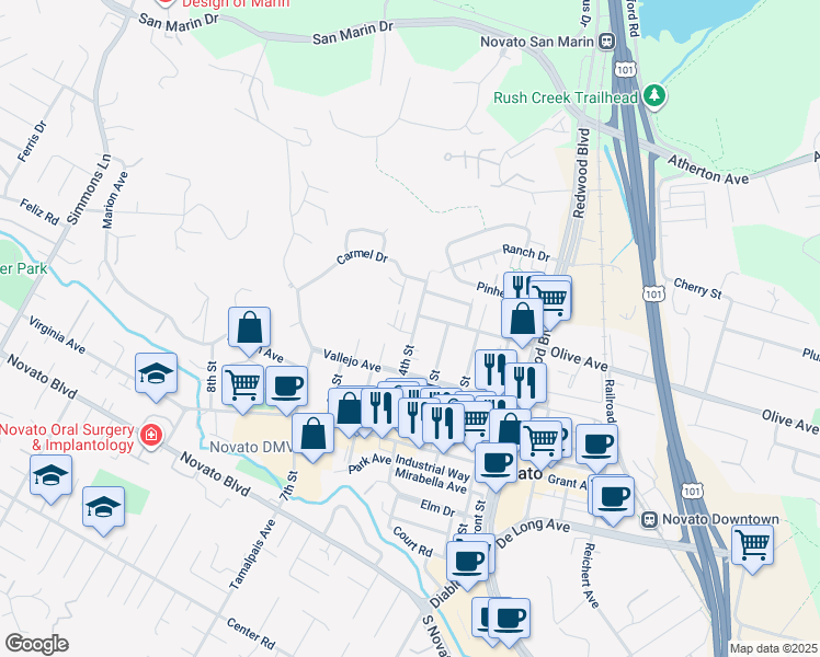 map of restaurants, bars, coffee shops, grocery stores, and more near 1135 4th Street in Novato