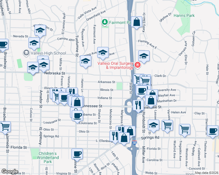 map of restaurants, bars, coffee shops, grocery stores, and more near 1924 Illinois Street in Vallejo