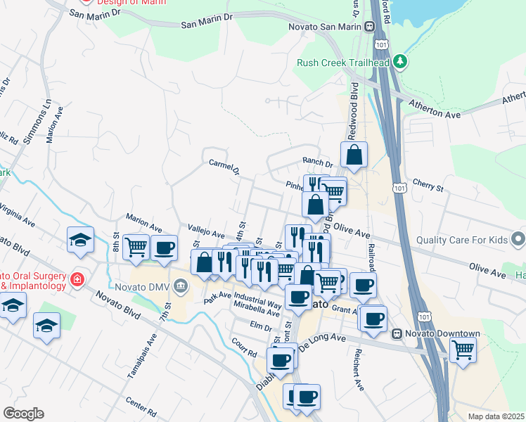 map of restaurants, bars, coffee shops, grocery stores, and more near 1301 Olive Avenue in Novato