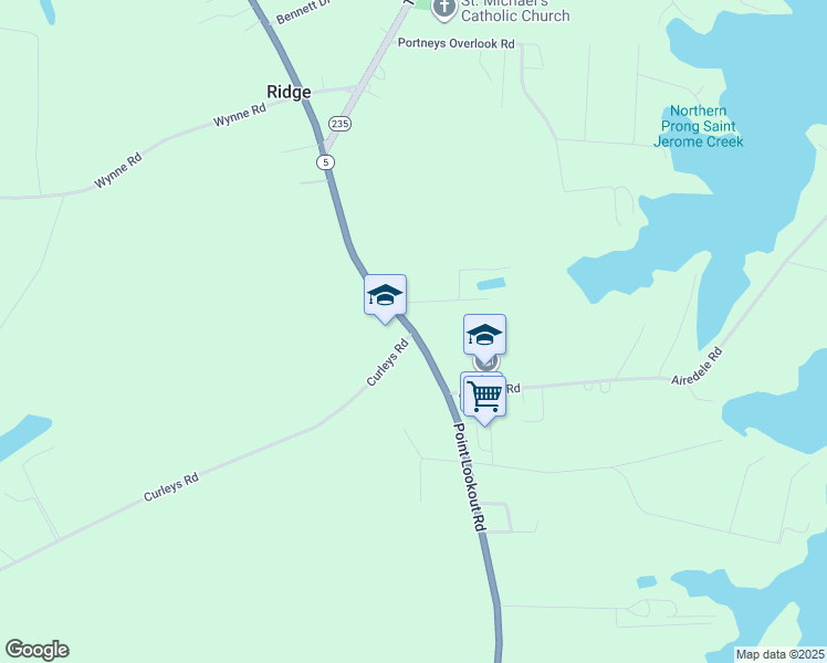 map of restaurants, bars, coffee shops, grocery stores, and more near Curleys Road in Ridge