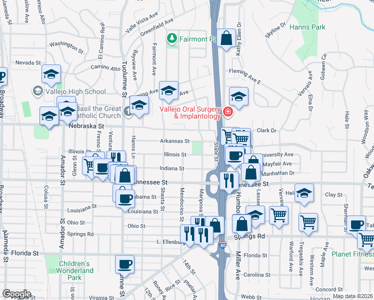 map of restaurants, bars, coffee shops, grocery stores, and more near 818 Mariposa Street in Vallejo