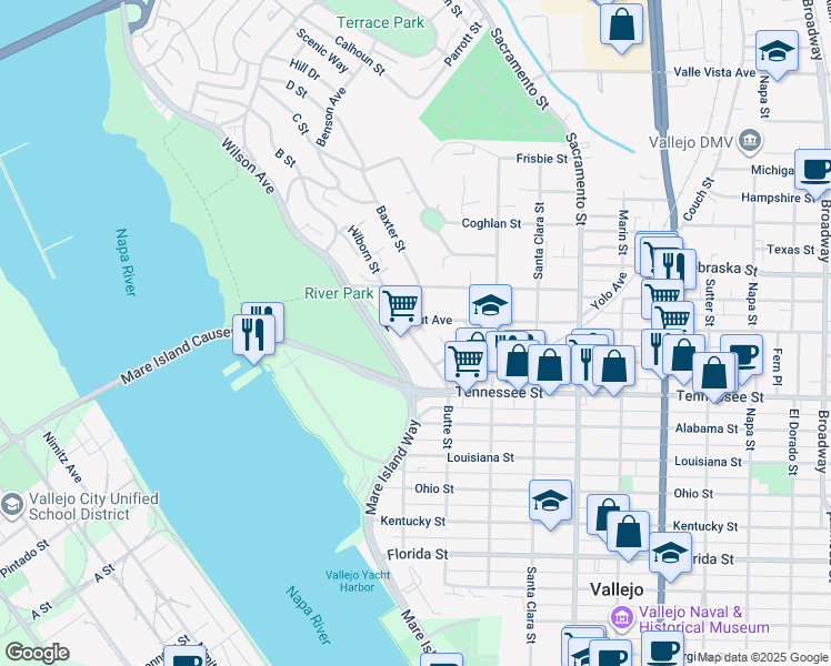 map of restaurants, bars, coffee shops, grocery stores, and more near 110 Wilson Avenue in Vallejo