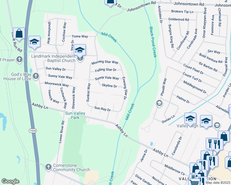 map of restaurants, bars, coffee shops, grocery stores, and more near 6613 Evening Tide Court in Louisville