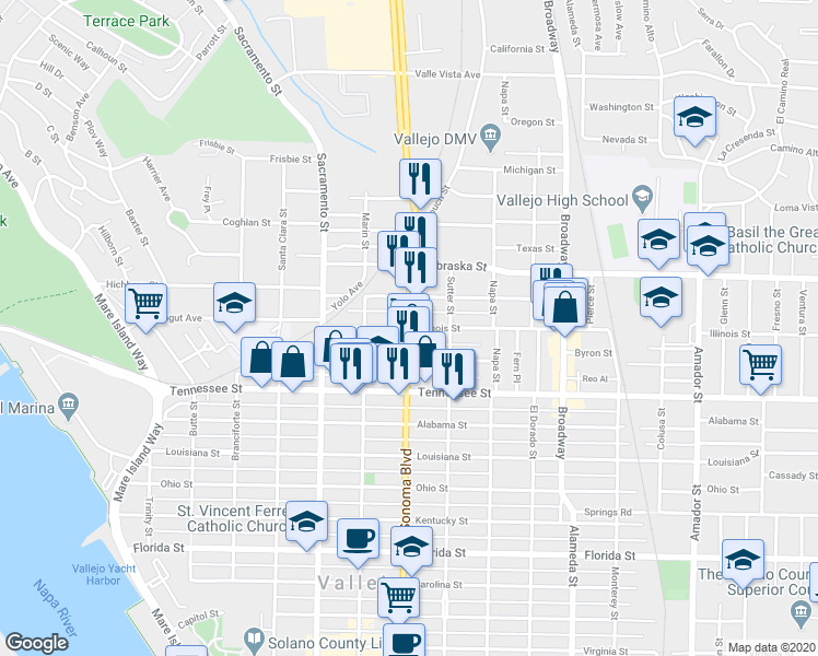 map of restaurants, bars, coffee shops, grocery stores, and more near Sonoma Boulevard in Vallejo