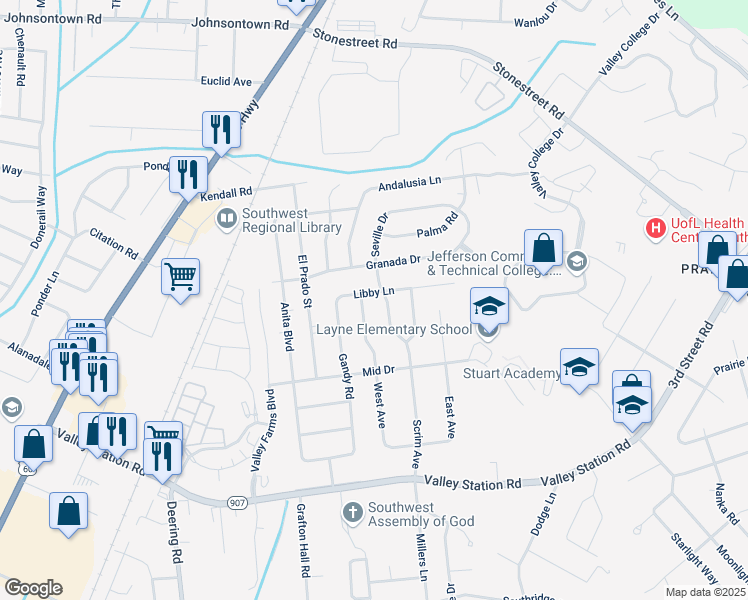 map of restaurants, bars, coffee shops, grocery stores, and more near 4900 Libby Lane in Louisville