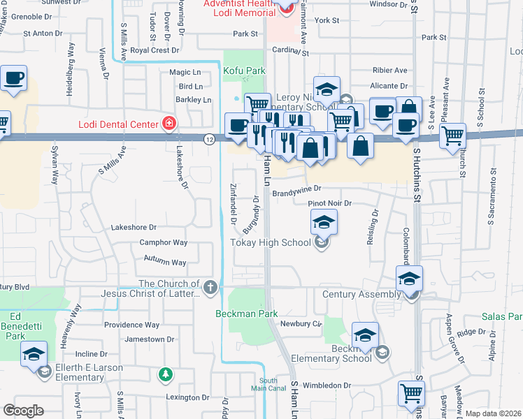 map of restaurants, bars, coffee shops, grocery stores, and more near 1303 Burgundy Lane in Lodi